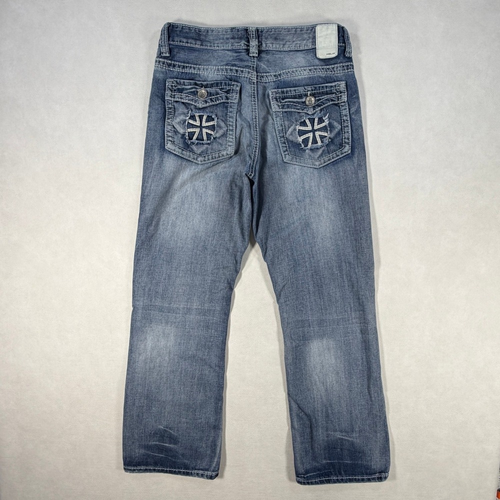 Helix Relaxed Boot Jeans Mens 30x30 Blue Denim Distressed Iron Cross Pockets Y2K